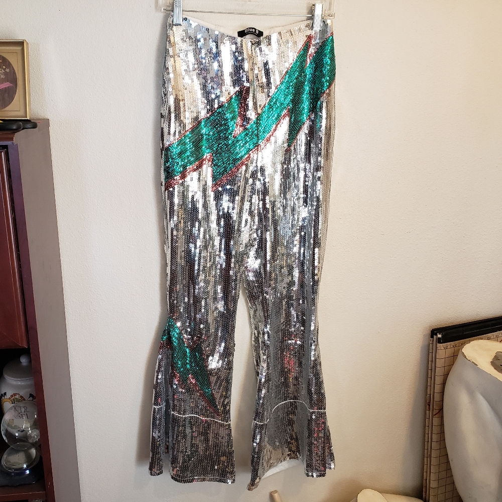 Blue B Collection Silver Sequin Bell Bottom Flare Pants NYE Women's M